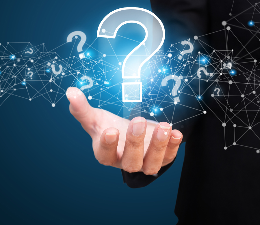 A hand with question mark icons floating above.