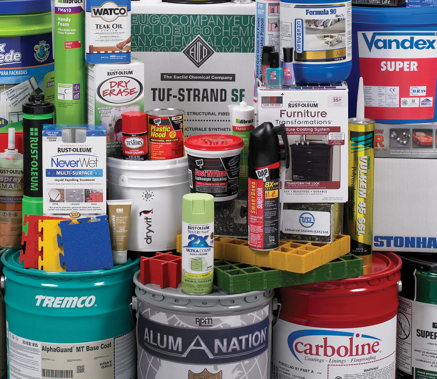 A group of RPM products including paint, coatings and sealant products.