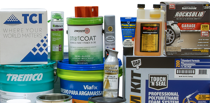 A group of RPM products including paint, coatings and sealant products.