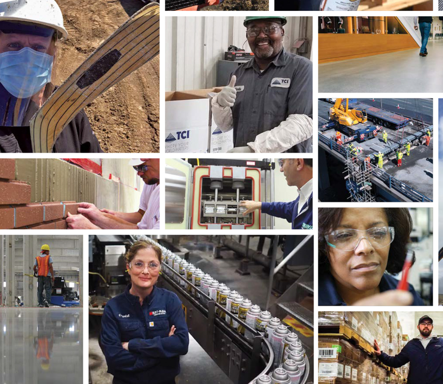 A collage of workers and factory lines.