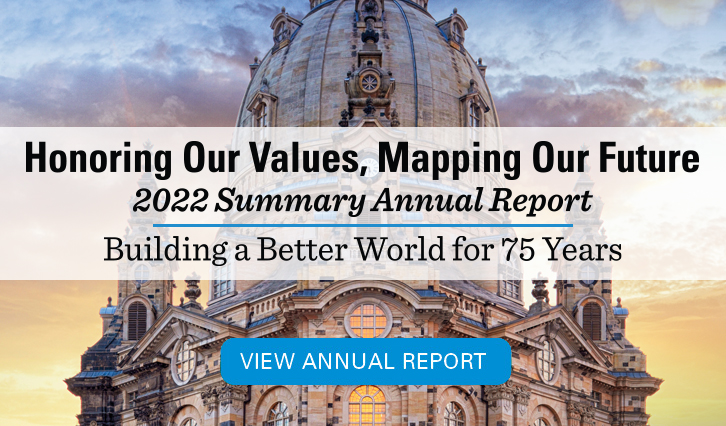 Cathederal building with words Honoring Our Values, Mapping Our Future - 2022 Summary Annual Report – Building a Better World.